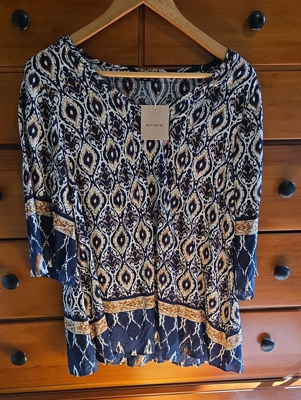 BloomChic Navy, Cream & Gold Printed Tunic Top
